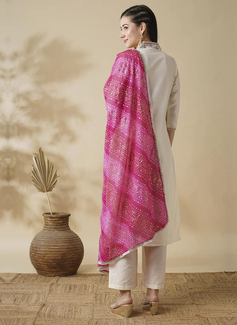 globus Off White Globus Women Embroidered V-Neck Straight Kurta With Pants & Bandhani Dupatta Festive Set for Women | Best Price UAE